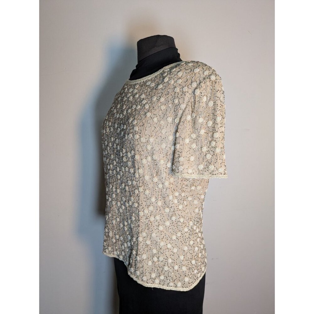 Vintage Beaded Short Sleeve Blouse Cream Floral, Size M - Picture 5 of 11
